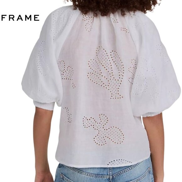 Frame White Eyelet Puff Sleeve Shirt, Designer brands Hot Sales! - Picture 2 of 4